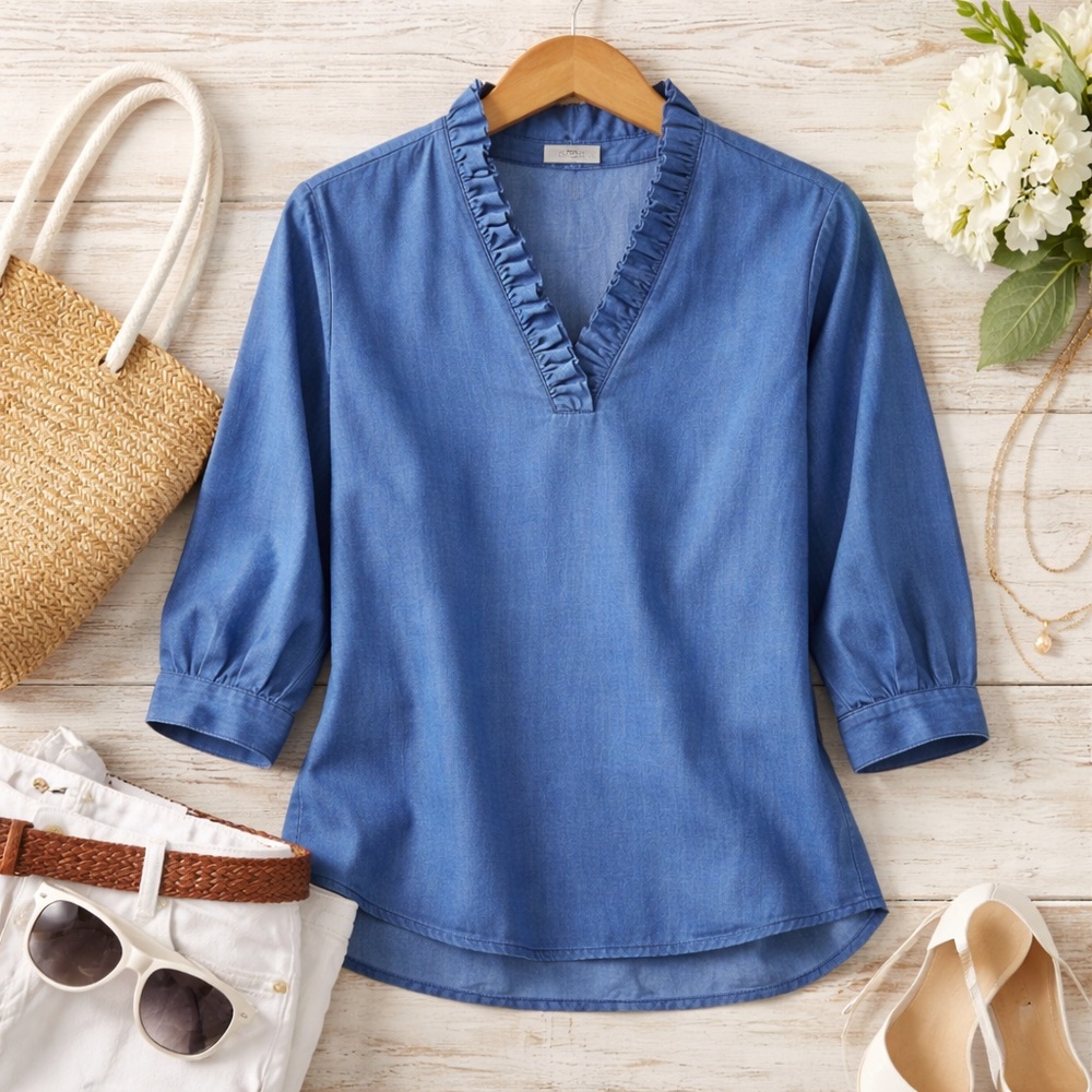 Crown & Ivy‎ Blue Tencel Chambray Ruffle Neck Blouse Preppy Petite S